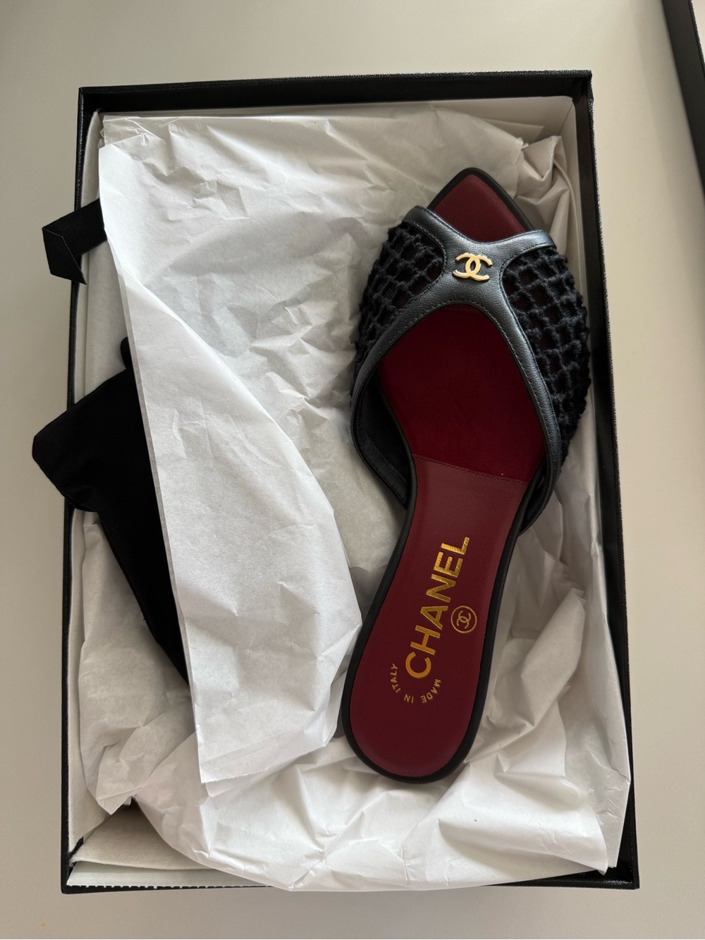 CHANEL Black Mesh & Leather Slide Mules with Gold CC with receipt - Size 36C - Picture 5 of 6